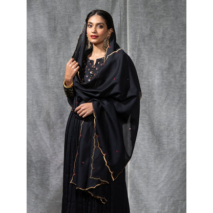 WeaverStory Black Pleated Chanderi Silk Zardozi Kurta with Churidar and Dupatta (Set of 3)