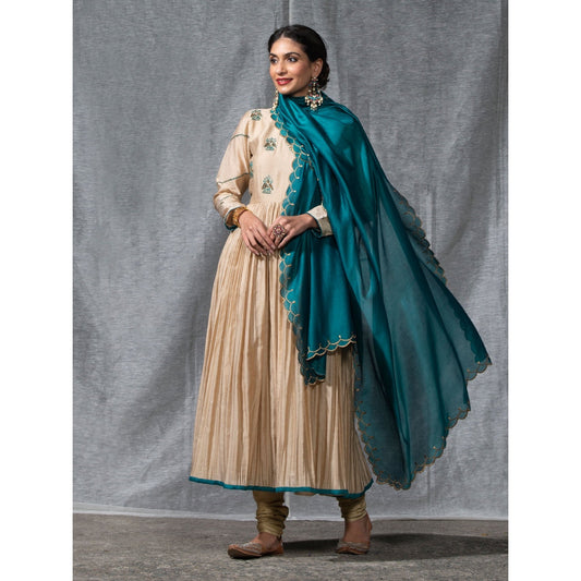 WeaverStory Beige Pleated Chanderi Silk Zardozi Kurta with Churidar and Dupatta (Set of 3)