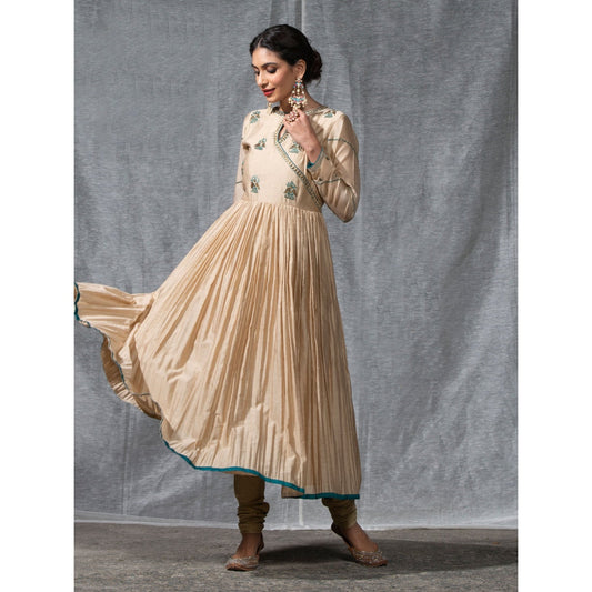 WeaverStory Beige Pleated Chanderi Silk Zardozi Kurta with Churidar and Dupatta (Set of 3)