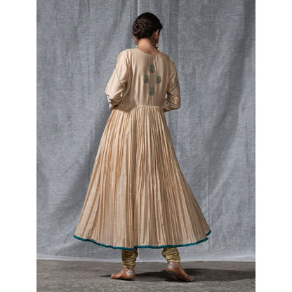 WeaverStory Beige Pleated Chanderi Silk Zardozi Kurta with Churidar and Dupatta (Set of 3)