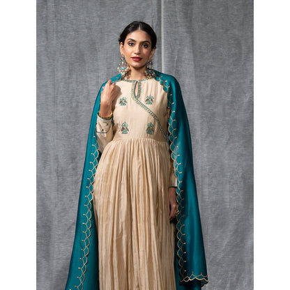 WeaverStory Beige Pleated Chanderi Silk Zardozi Kurta with Churidar and Dupatta (Set of 3)