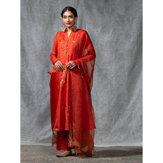 WeaverStory Rust Anarkali Chanderi Silk Zardozi Kurta with Pant and Dupatta (Set of 3)