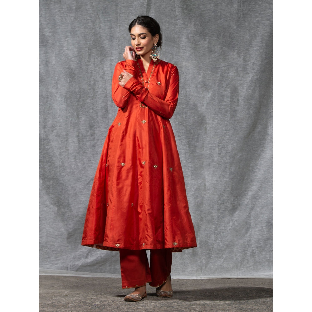 WeaverStory Rust Anarkali Chanderi Silk Zardozi Kurta with Pant and Dupatta (Set of 3)