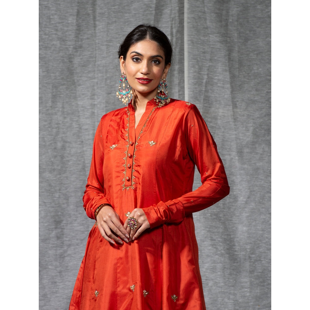 WeaverStory Rust Anarkali Chanderi Silk Zardozi Kurta with Pant and Dupatta (Set of 3)