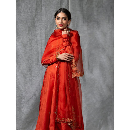 WeaverStory Rust Anarkali Chanderi Silk Zardozi Kurta with Pant and Dupatta (Set of 3)