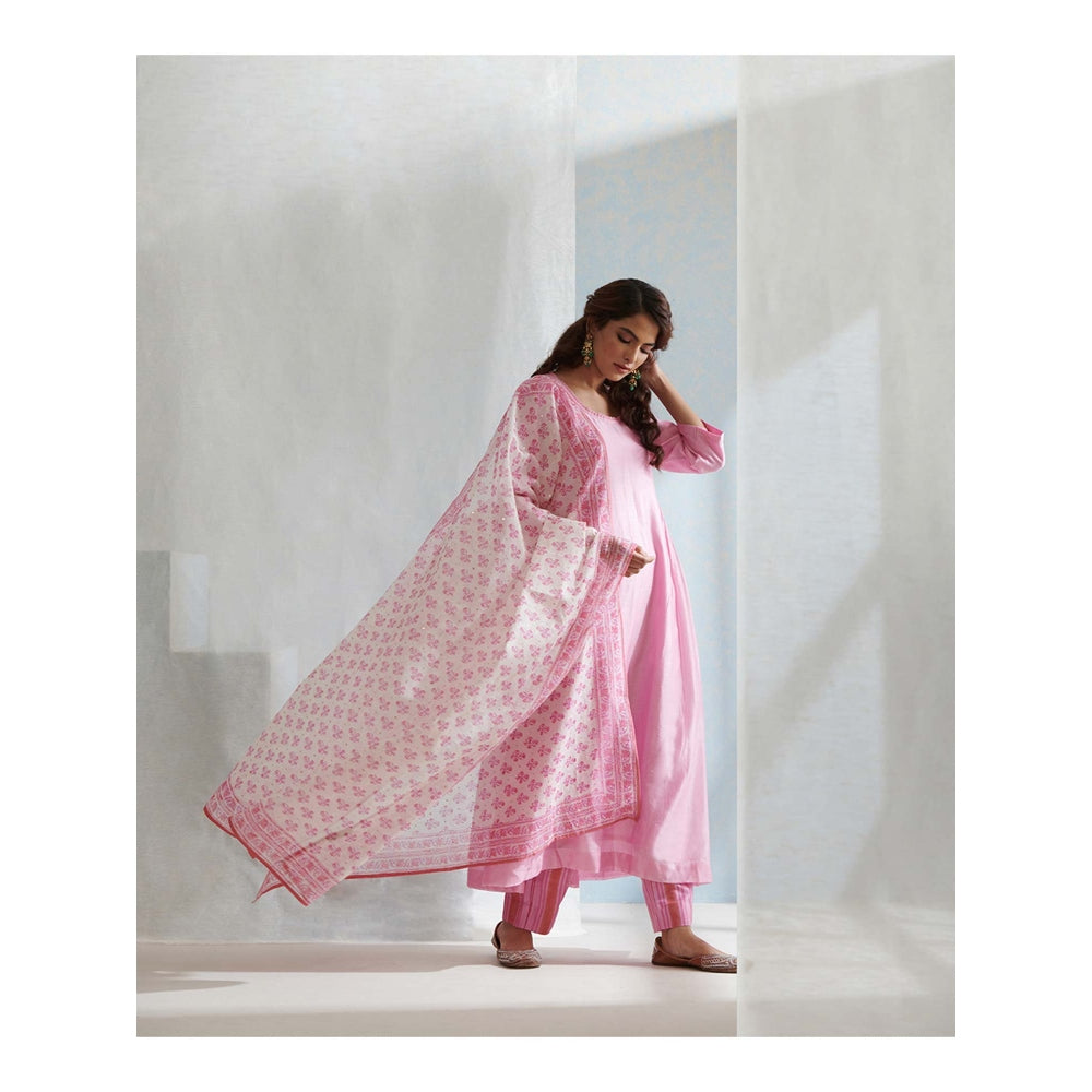 WeaverStory Pink Handloom Chanderi Kurta with Pants and Hand Printed Dupatta (Set of 3)