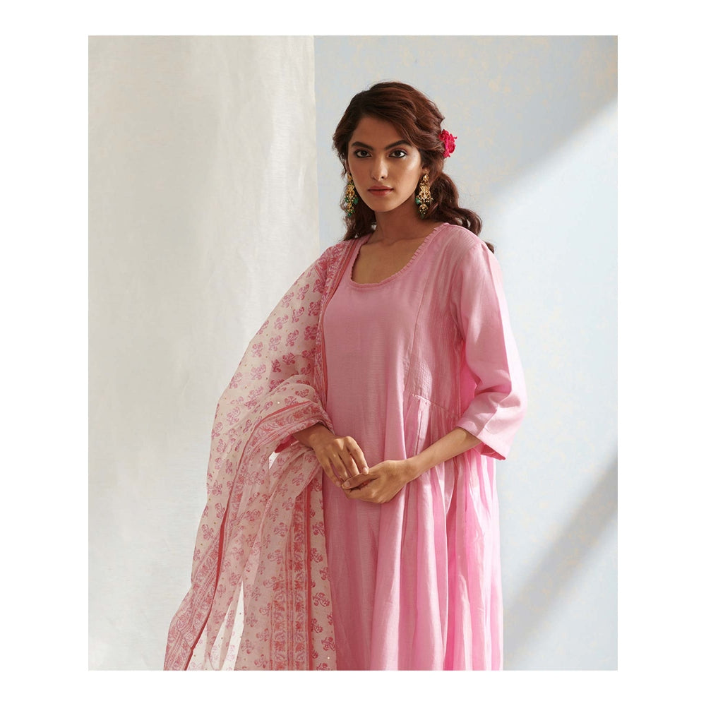 WeaverStory Pink Handloom Chanderi Kurta with Pants and Hand Printed Dupatta (Set of 3)