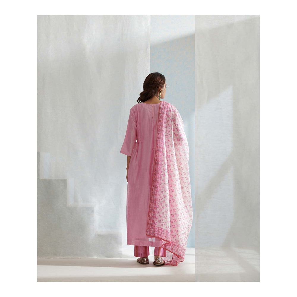 WeaverStory Pink Handloom Chanderi Kurta with Pants and Hand Printed Dupatta (Set of 3)