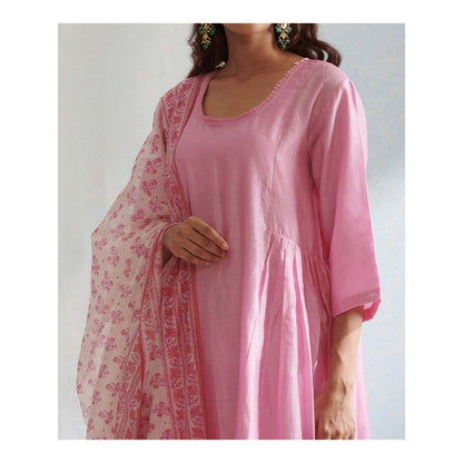 WeaverStory Pink Handloom Chanderi Kurta with Pants and Hand Printed Dupatta (Set of 3)