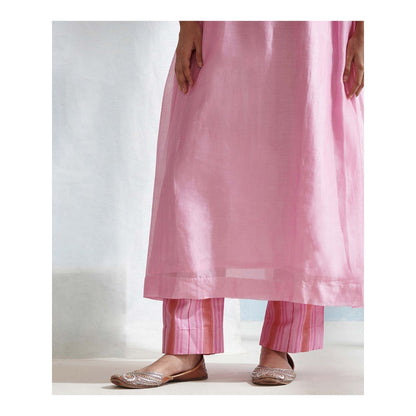 WeaverStory Pink Handloom Chanderi Kurta with Pants and Hand Printed Dupatta (Set of 3)