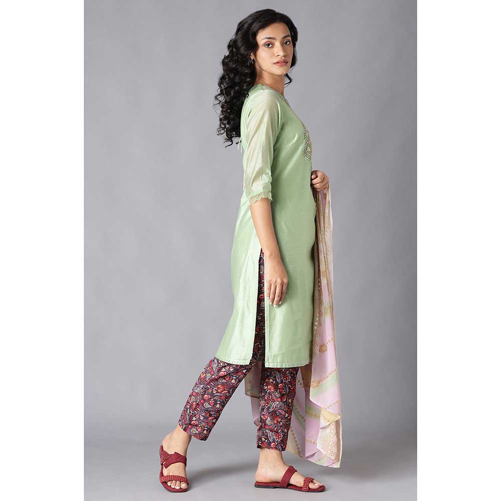 WISHFUL by W Green Floral Kurta with Slim Pant and Dupatta (Set of 3)(XS)