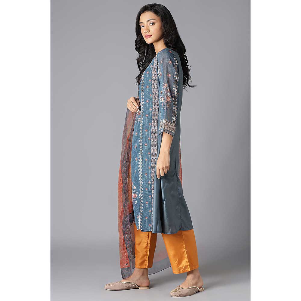 WISHFUL by W Teal Floral Kurta with Straight Pant and Dupatta (Set of 3)(XS)