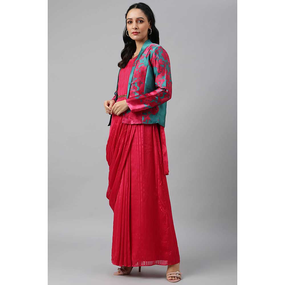 WISHFUL by W Red Solid Pre-drape Saree And Tailored Jacket (Set of 2)