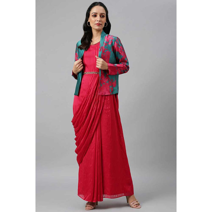 WISHFUL by W Red Solid Pre-drape Saree And Tailored Jacket (Set of 2)