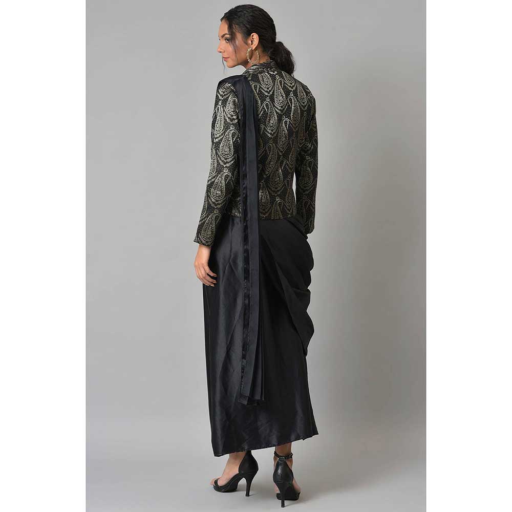 WISHFUL by W Black Solid Pre-drape Saree And Tailored Jacket (Set of 2)
