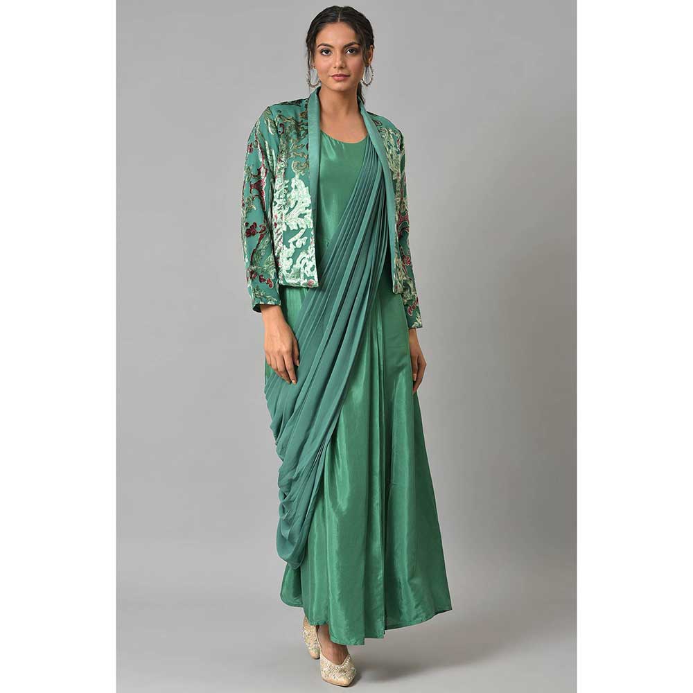 WISHFUL by W Green Solid Pre-drape Saree And Tailored Jacket (Set of 2)