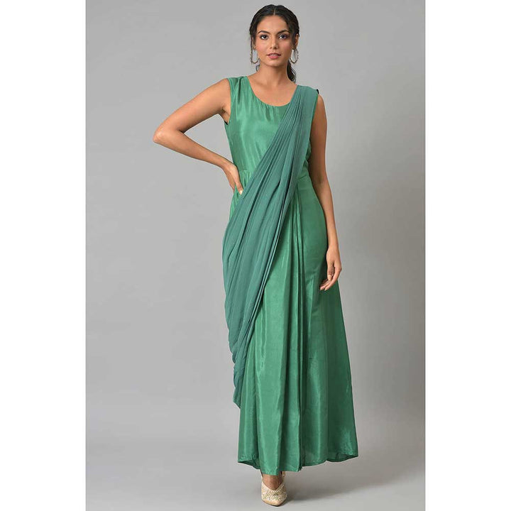 WISHFUL by W Green Solid Pre-drape Saree And Tailored Jacket (Set of 2)