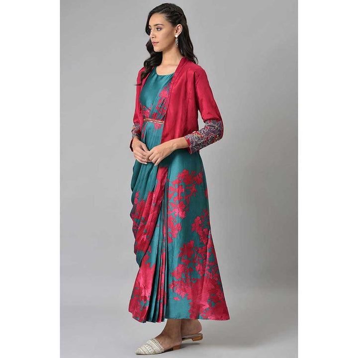 WISHFUL by W Teal Floral Pre-drape Saree And Tailored Jacket (Set of 2)