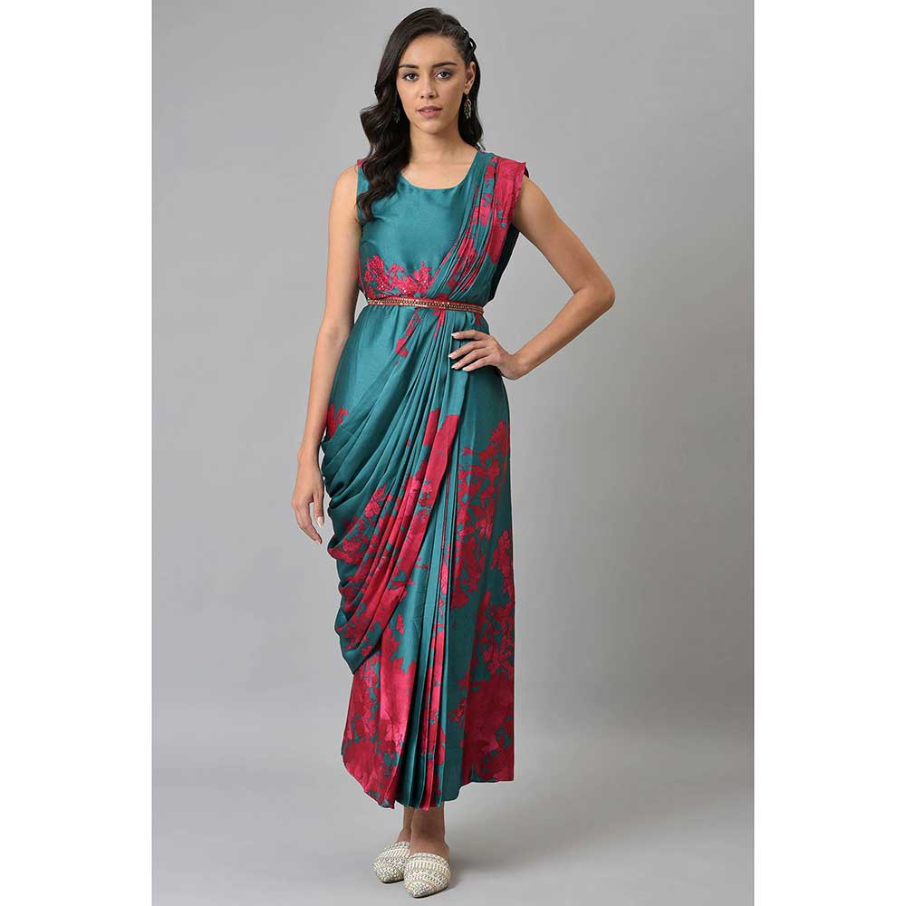 WISHFUL by W Teal Floral Pre-drape Saree And Tailored Jacket (Set of 2)