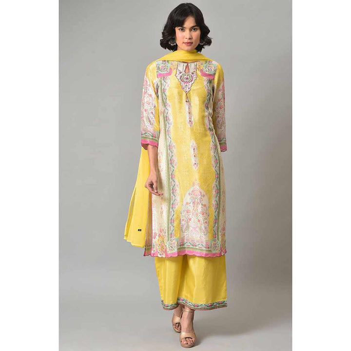 WISHFUL by W Yellow Floral Kurta and Parallel Pant with Dupatta (Set of 3)