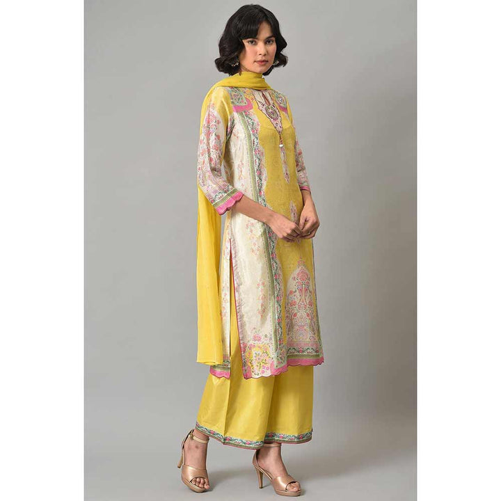 WISHFUL by W Yellow Floral Kurta and Parallel Pant with Dupatta (Set of 3)