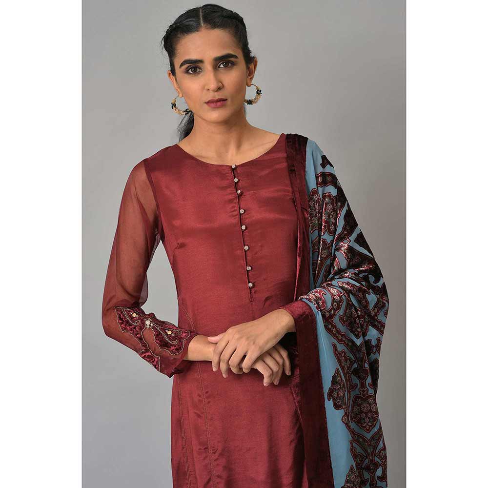 WISHFUL by W Red Embroidered Kurta with Pant and Dupatta (Set of 3)
