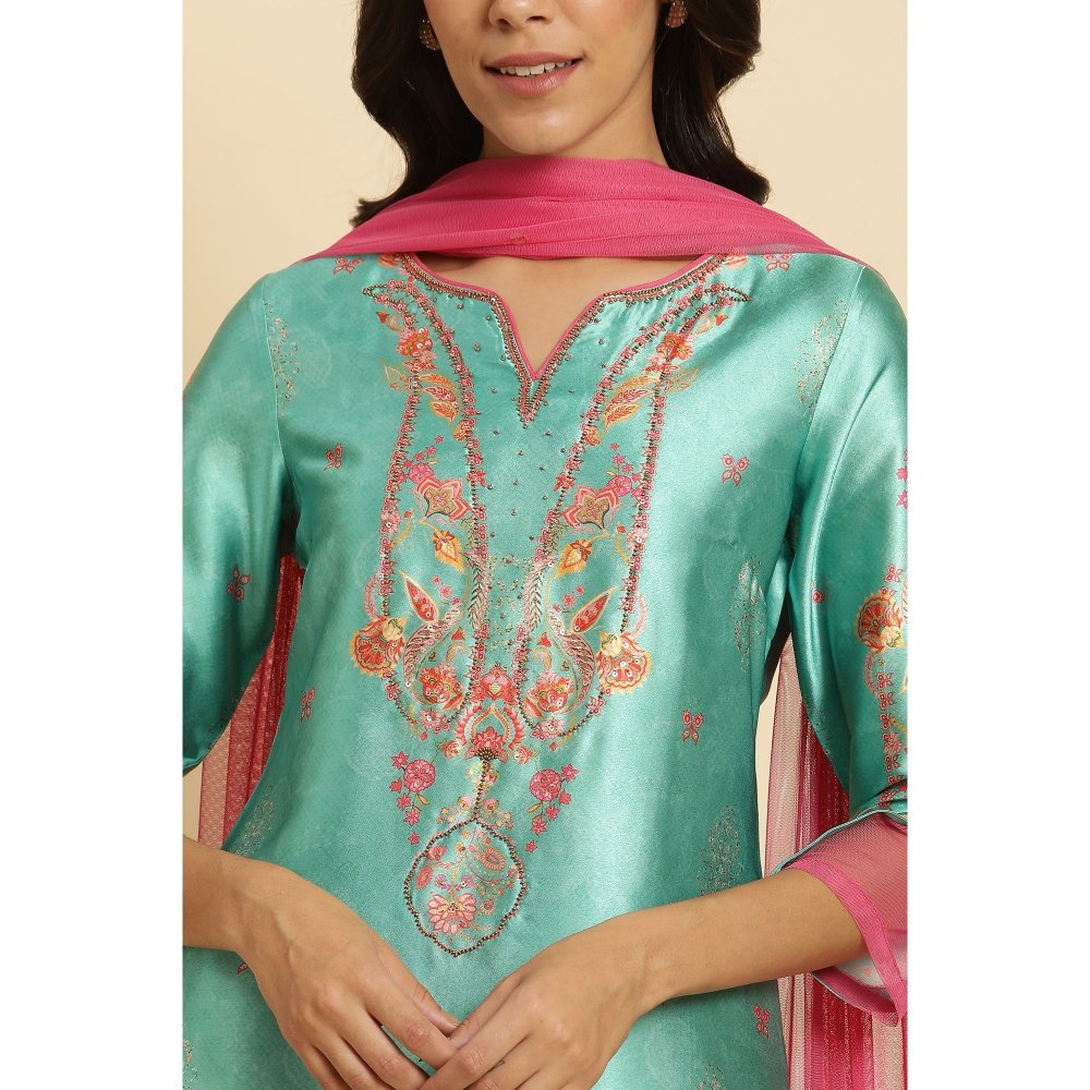 WISHFUL by W Green Floral Kurta with Flared Pant & Dupatta (Set of 3)
