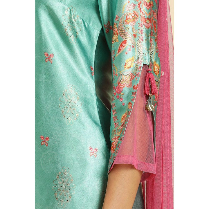 WISHFUL by W Green Floral Kurta with Flared Pant & Dupatta (Set of 3)