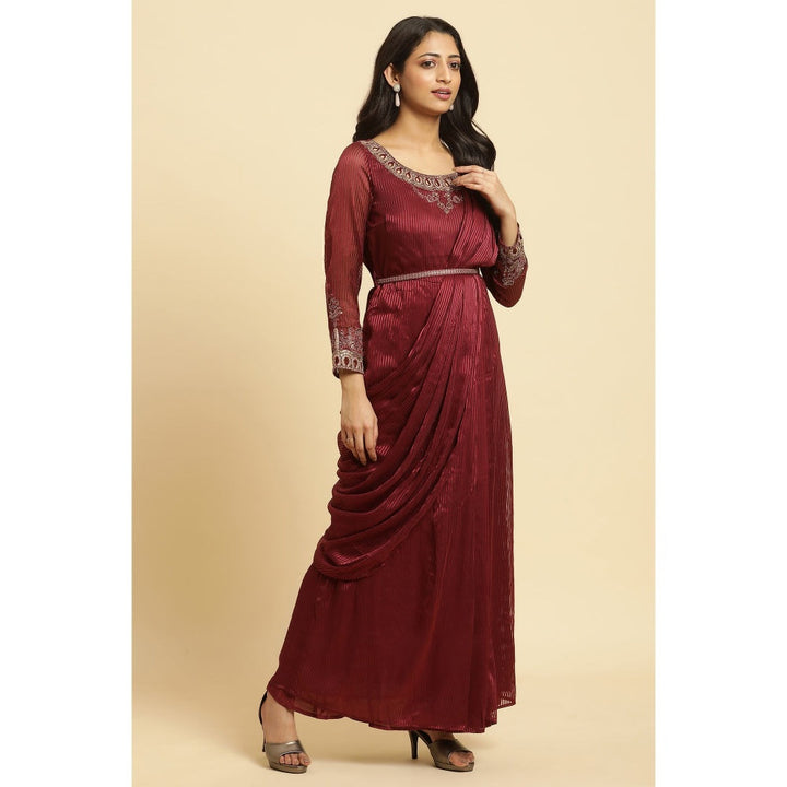 Wishful By W Maroon Embroidered Insta Saree Without Blouse