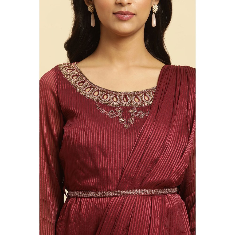 Wishful By W Maroon Embroidered Insta Saree Without Blouse