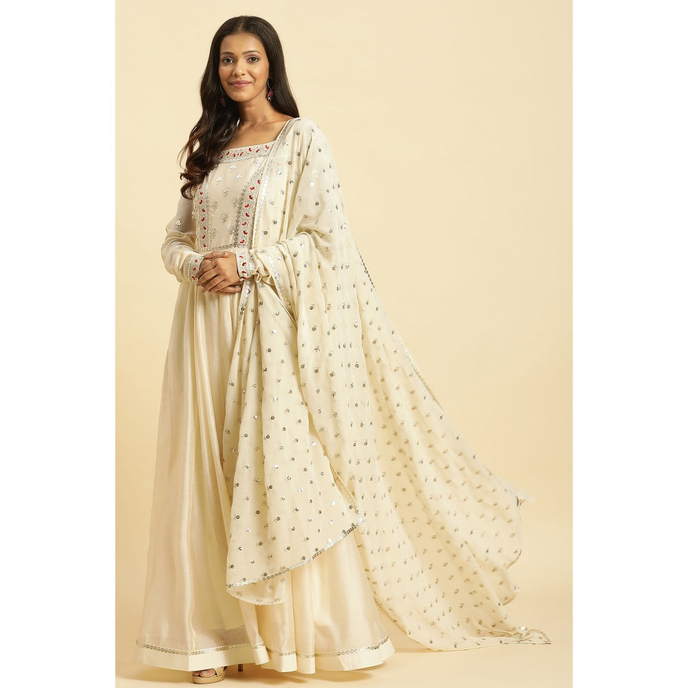 WISHFUL by W Off White Floral Anarkali Gown and Dupatta (Set of 2)