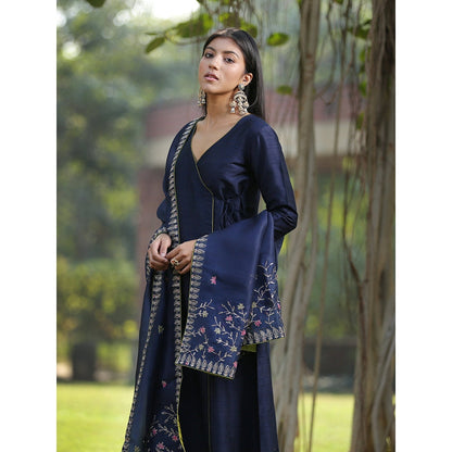 WeaverStory Dark Blue Raw Silk Kurta With Olive Green Pants and Zardosi Work Dupatta (Set of 3)