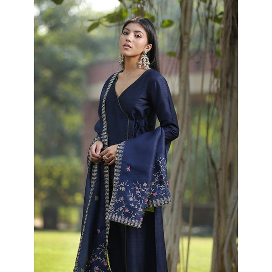 WeaverStory Dark Blue Raw Silk Kurta With Olive Green Pants and Zardosi Work Dupatta (Set of 3)
