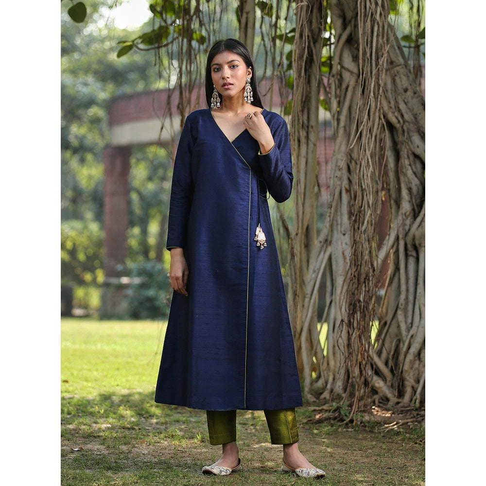 WeaverStory Dark Blue Raw Silk Kurta With Olive Green Pants and Zardosi Work Dupatta (Set of 3)