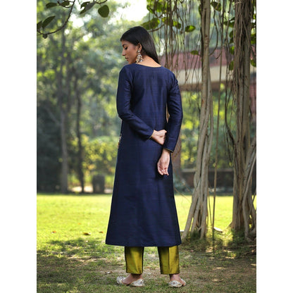WeaverStory Dark Blue Raw Silk Kurta With Olive Green Pants and Zardosi Work Dupatta (Set of 3)