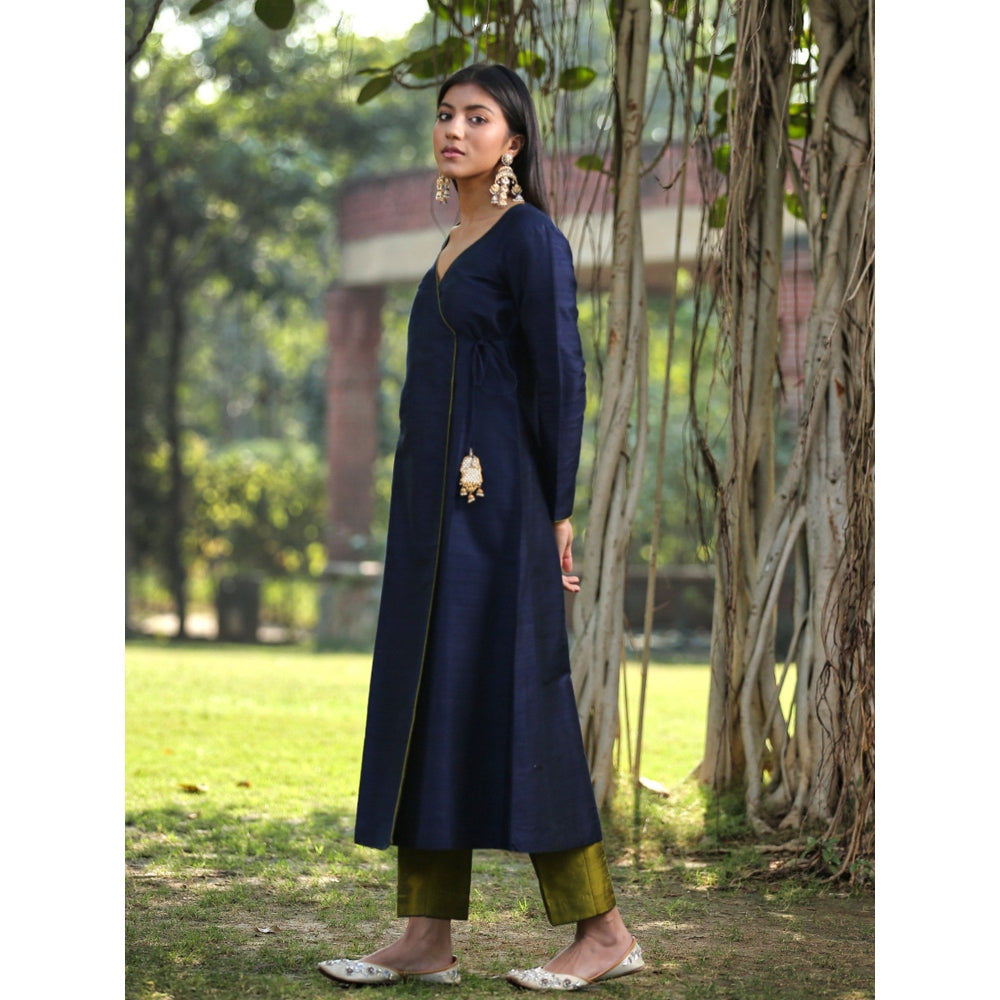 WeaverStory Dark Blue Raw Silk Kurta With Olive Green Pants and Zardosi Work Dupatta (Set of 3)