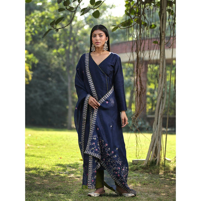 WeaverStory Dark Blue Raw Silk Kurta With Olive Green Pants and Zardosi Work Dupatta (Set of 3)