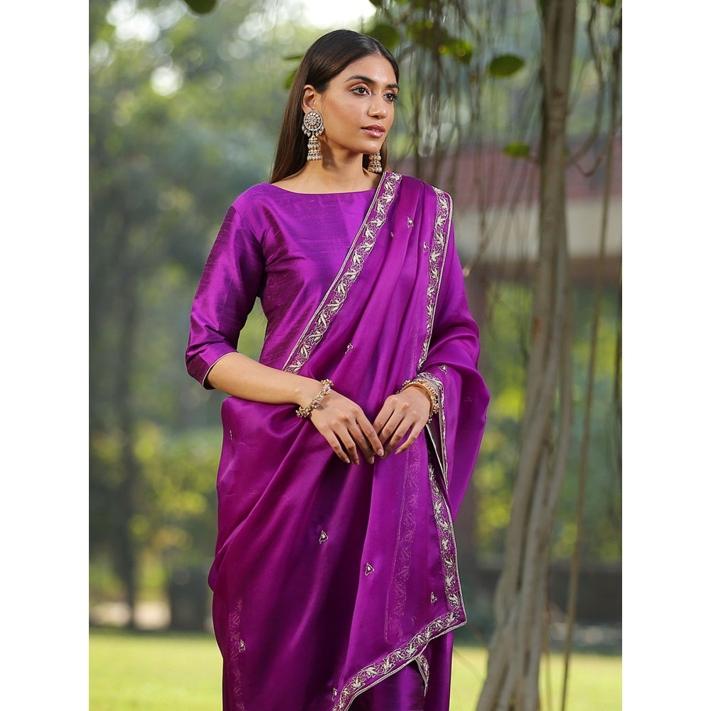 WeaverStory Purple Raw Silk Kurta With Zardozi Detailing and Zardozi Dupatta (Set of 3)