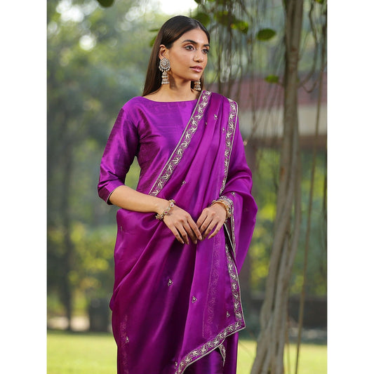 WeaverStory Purple Raw Silk Kurta With Zardozi Detailing and Zardozi Dupatta (Set of 3)
