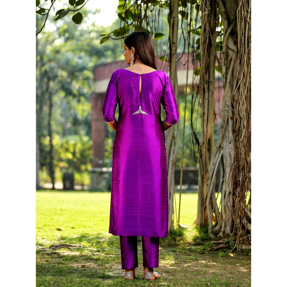 WeaverStory Purple Raw Silk Kurta With Zardozi Detailing and Zardozi Dupatta (Set of 3)