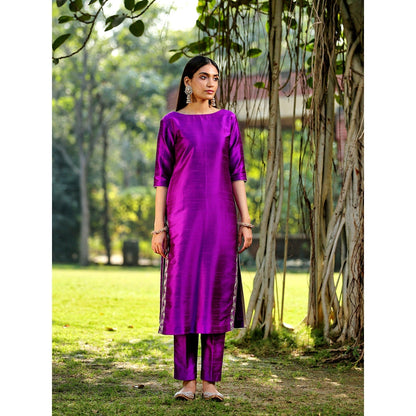WeaverStory Purple Raw Silk Kurta With Zardozi Detailing and Zardozi Dupatta (Set of 3)