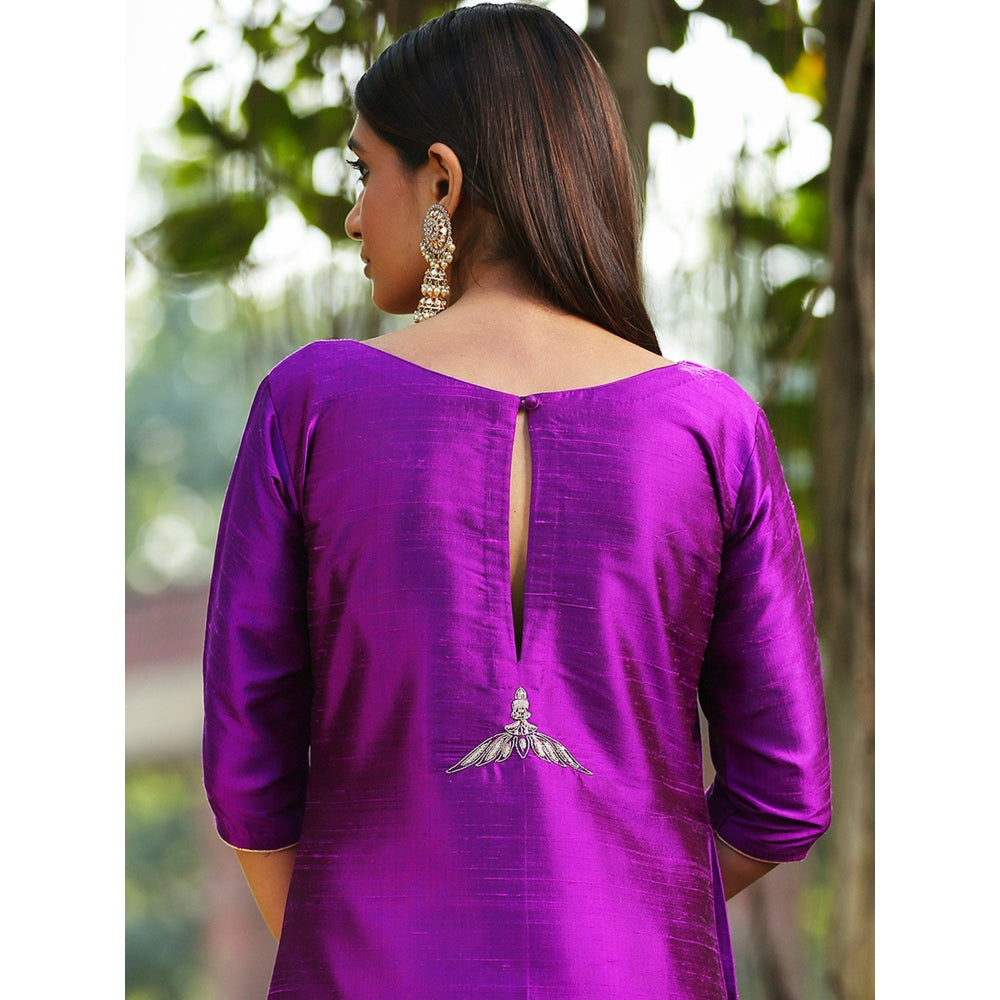 WeaverStory Purple Raw Silk Kurta With Zardozi Detailing and Zardozi Dupatta (Set of 3)