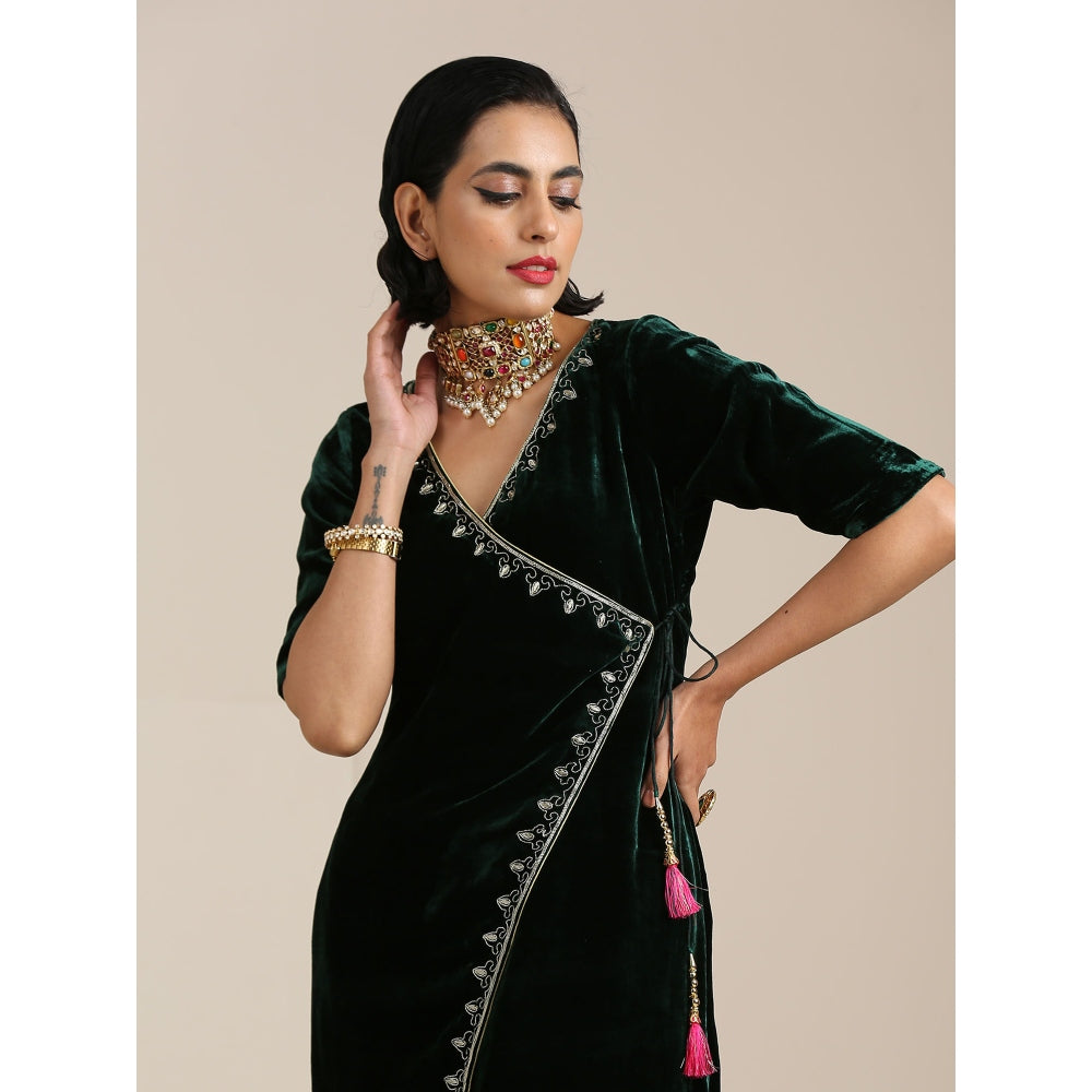 WeaverStory Silk Velvet Kurta with Hand Embroidered Zardozi and Pink Brocade Pants (Set of 2)