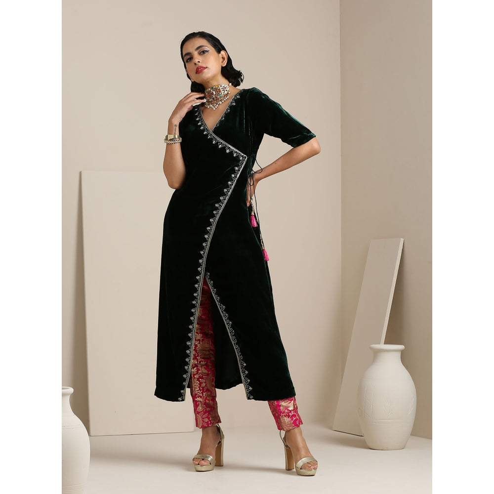 WeaverStory Silk Velvet Kurta with Hand Embroidered Zardozi and Pink Brocade Pants (Set of 2)