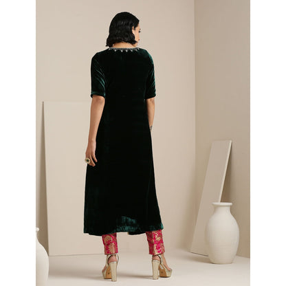 WeaverStory Silk Velvet Kurta with Hand Embroidered Zardozi and Pink Brocade Pants (Set of 2)