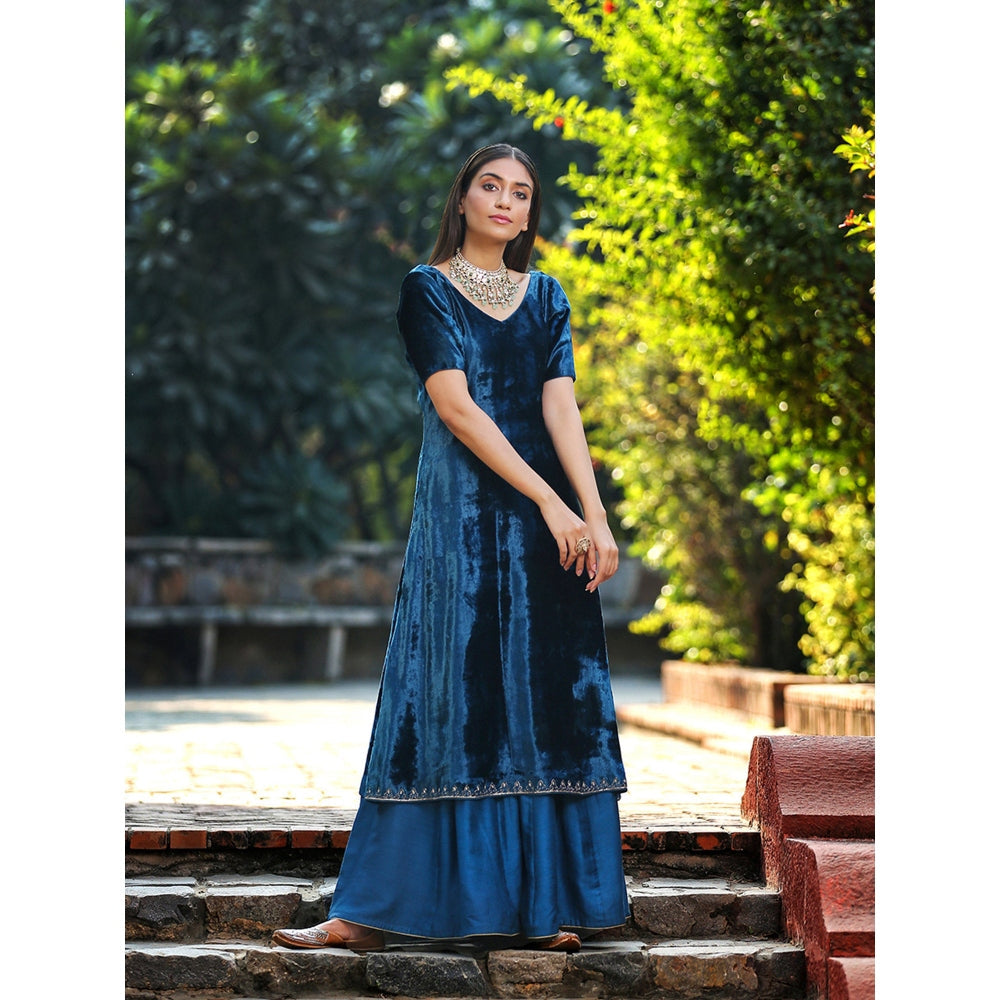 WeaverStory Teal Blue Silk Velvet Kurta with Hand Embroidered Zardozi and Sharara (Set of 2)
