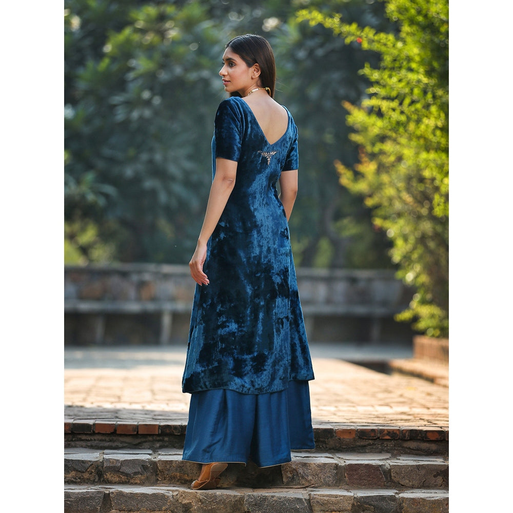 WeaverStory Teal Blue Silk Velvet Kurta with Hand Embroidered Zardozi and Sharara (Set of 2)