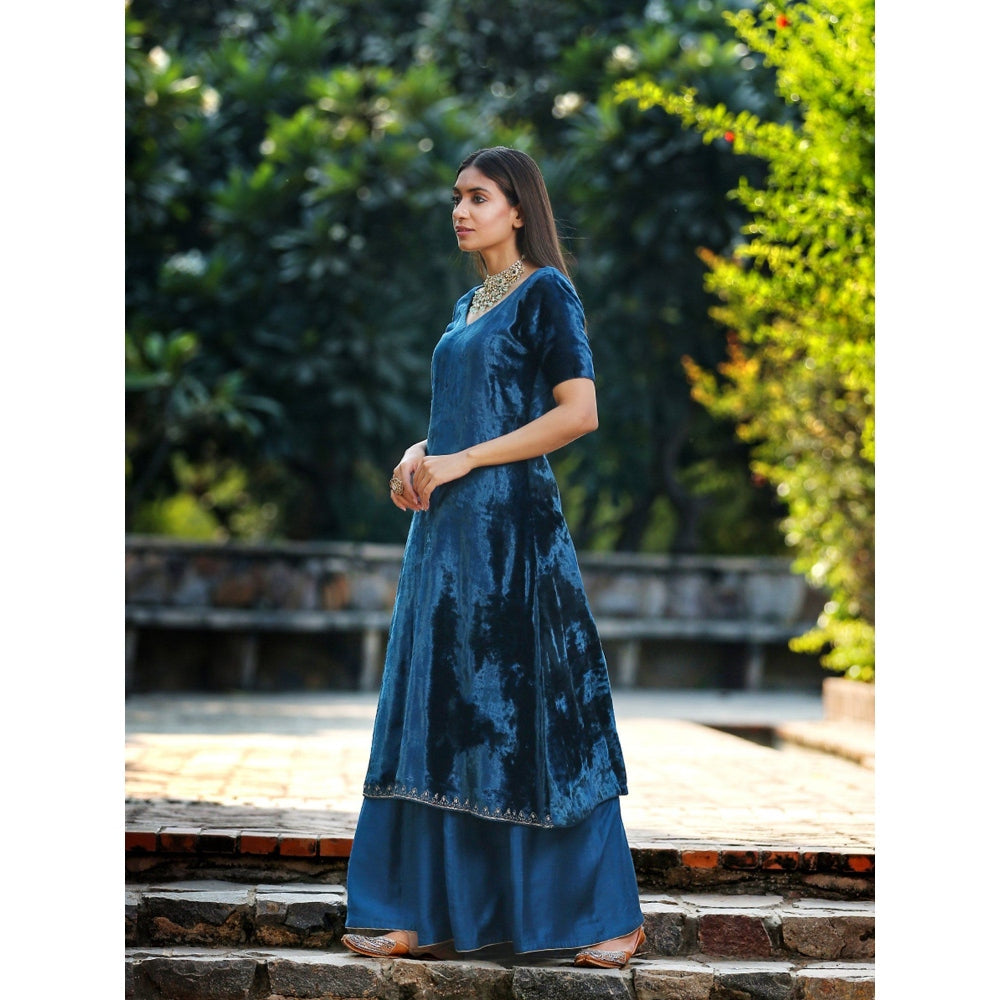 WeaverStory Teal Blue Silk Velvet Kurta with Hand Embroidered Zardozi and Sharara (Set of 2)