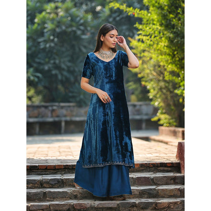 WeaverStory Teal Blue Silk Velvet Kurta with Hand Embroidered Zardozi and Sharara (Set of 2)