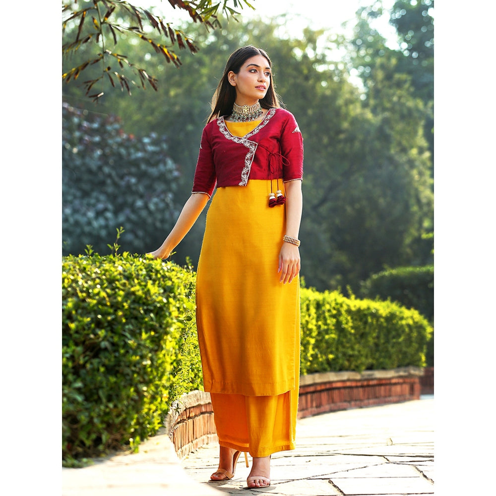 WeaverStory Mustard Munga Silk Kurta With Maroon Angarkha Jacket and Wide Leg Pants (Set of 3)